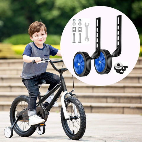 Child riding a bike with Bicycle Training Wheel Kit with Heavy Duty Support Bracket and Adjustable Wheel Design.