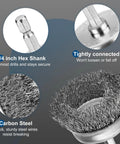 Six Piece Carbon Steel Wire Brush Set For Drills With Cup Brushes Wheel Brushes And Pen Brush One Quarter Inch Hex Shank Attachments For Rust Removal And Heavy Duty Cleaning, showing hex shank and close-up of wire brush bristles.