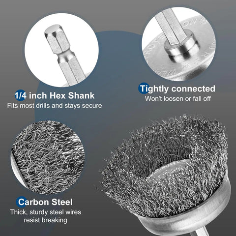Six Piece Carbon Steel Wire Brush Set For Drills With Cup Brushes Wheel Brushes And Pen Brush One Quarter Inch Hex Shank Attachments For Rust Removal And Heavy Duty Cleaning, showing hex shank and close-up of wire brush bristles.