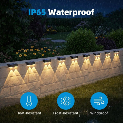 Solid Solar Fence Lights Outdoor Deck Waterproof Warm White Glow 8 Pack mounted on a stone wall, showcasing IP65 waterproof features.