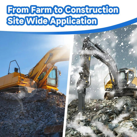 Heavy machinery for farm and construction use. Yellow and grey excavators operating on rocky terrain.