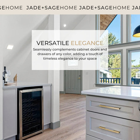 Modern kitchen with brushed gold cabinet handles and large window
