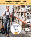 Heavy Duty Floor Lock For Carts With Adjustable Height Trolley Brake in warehouse setting with man operating trolley