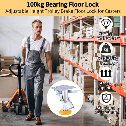 Heavy Duty Floor Lock For Carts With Adjustable Height Trolley Brake in warehouse setting with man operating trolley
