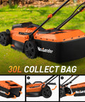 20V Cordless Lawn Mower And 12 Inch Weed Wacker Combo With Two 4Ah Batteries And Charger 13 Inch Deck Large 30L Grass Collection Bag For Easy No Fuss Yard Cleanup, 30L grass bag on orange black mower