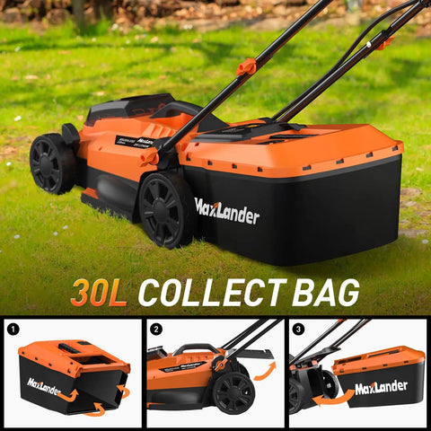 20V Cordless Lawn Mower And 12 Inch Weed Wacker Combo With Two 4Ah Batteries And Charger 13 Inch Deck Large 30L Grass Collection Bag For Easy No Fuss Yard Cleanup, 30L grass bag on orange black mower