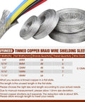 Front view of tinned copper braid shielding sleeve set with flat mesh; shows rolls in multiple widths (1/4–11/16 in).