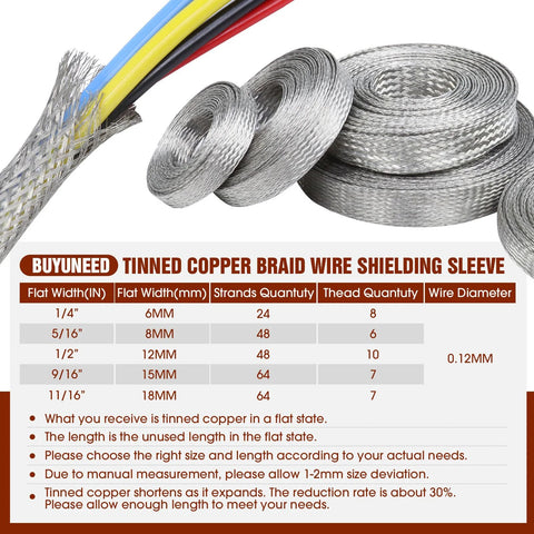 Front view of tinned copper braid shielding sleeve set with flat mesh; shows rolls in multiple widths (1/4–11/16 in).