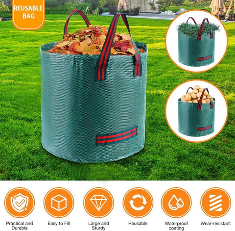 Reusable waste bag on lawn, filled with leaves, part of Dual Action Thatch Rake With Two Distinct Tine Profiles For Lawn Dethatching And Soil Care