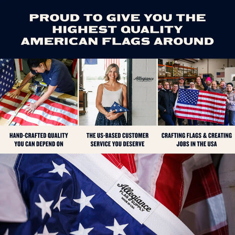 Hand-crafted Made In USA Outdoor 3x5 American Flag With Premium 200D Nylon Embroidered Stars and Stripes in a workshop setting.