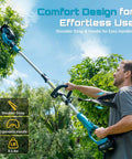 Man using Pole And Cordless Hedge Trimmer 2-In-1 Electric Bush Trimmer with telescopic pole and shoulder strap in a garden