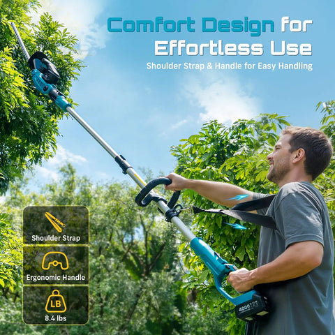 Man using Pole And Cordless Hedge Trimmer 2-In-1 Electric Bush Trimmer with telescopic pole and shoulder strap in a garden