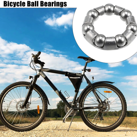 Seven Ball Bearing Cage Retainer For Bike Crank And Wheel Bearings, 20mm Outer Diameter, 13mm Inner Diameter, 4.76mm Ball Size, Stainless Steel, 7 Ball Set, Durable Bike Part displayed next to bicycle