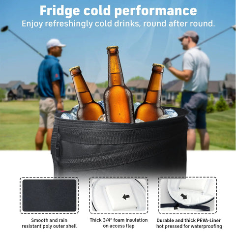 Soft Sided Collapsible Insulated Golf Cart Cooler Bag with bottles and golfers in background, leakproof liner visible