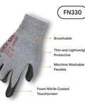 Ultra Thin Nitrile Work Gloves FN330 with 3D Comfort Fit, grey breathable and flexible gloves with non-slip grip, medium size.