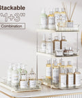 No Fuss Slide Out Two Tier Under Sink Organizer With Reconfigurable Dividers Stackable Pantry Storage Rack In Warm Beige displaying skincare bottles.
