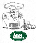 Line drawing of BigBite Juicer Attachment For Meat Grinders, showing parts and LEM logo, in green and silver accents.