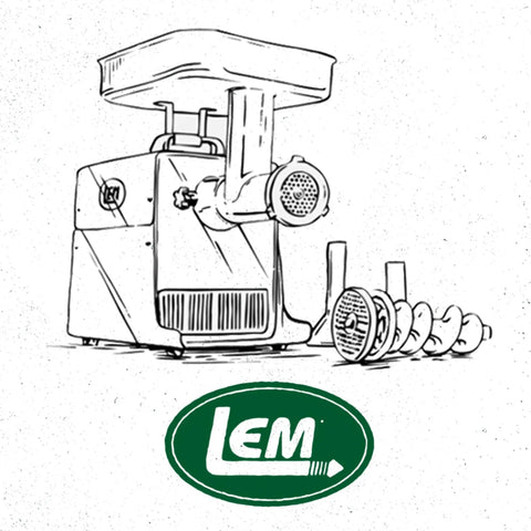 Line drawing of BigBite Juicer Attachment For Meat Grinders, showing parts and LEM logo, in green and silver accents.
