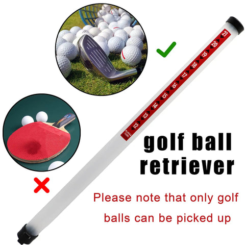 Long Reach Golf Ball Retriever With Shag Tube And Easy Release, 35.4 Inch Practice Ball Picker For Grab And Go Ball Pickup, Durable Plastic Sucker Tool On The Range Black, showing golf ball retrieval capacity with caution for other items.