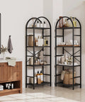 Arched Triple Column Small 4 Tier Bookshelf With Open Display Shelves And Iron Pipe Accents For Living Room, Home Office Or Study