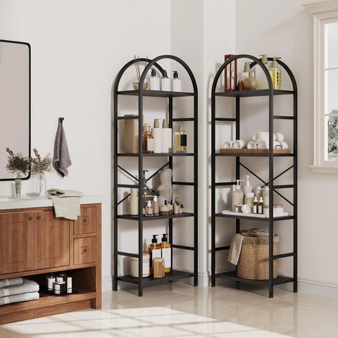 Arched Triple Column Small 4 Tier Bookshelf With Open Display Shelves And Iron Pipe Accents For Living Room, Home Office Or Study