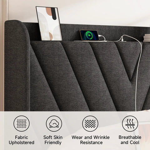 Prime Queen Platform Bed Frame Featuring Adjustable Wingback Headboard And Built In Type C Usb Charging Ports with fabric upholstery and phone charging.