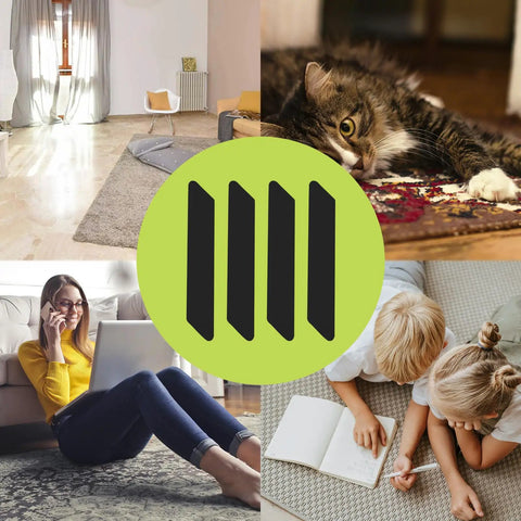 Collage of living spaces with 8 Pack Rug Grippers That Stick Firmly to Hardwood Floors preventing curling and sliding on rugs.