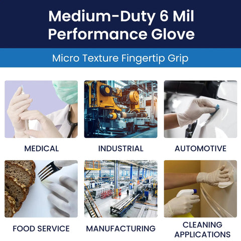 Top Tier Disposable Latex Exam Gloves 6 Mil Thick Powder Free Built With A Tacky Textured Grip For Serious Dexterity And Snug Comfort Medical Clinic Or Job Site Ready visual of medical, industrial, automotive, food service, manufacturing, and cleaning use.
