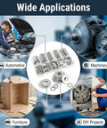 Rock Solid 304 Stainless Steel Flat Washers Heavy Duty Assorted Metric Hardware Kit With M2 Through M10 Sizes Rust Resistant Screws And Bolts built for automotive, machinery, furniture, and DIY projects.