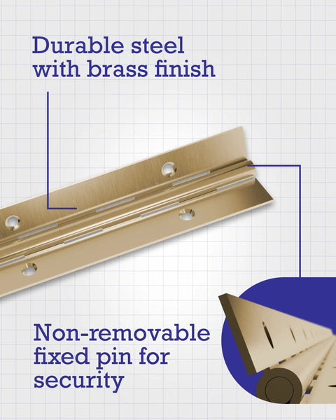 Beefy Continuous Piano Hinge With Durable Brass Finish Rust Resistant Steel Build showing non-removable fixed pin for security.