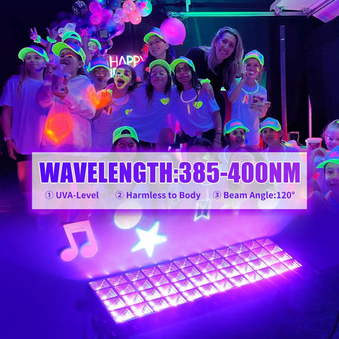 Group of people in neon clothes at a party illuminated by 100W LED Black Light Bar for Neon Glow Parties and Fluorescent Art, IP66 waterproof.