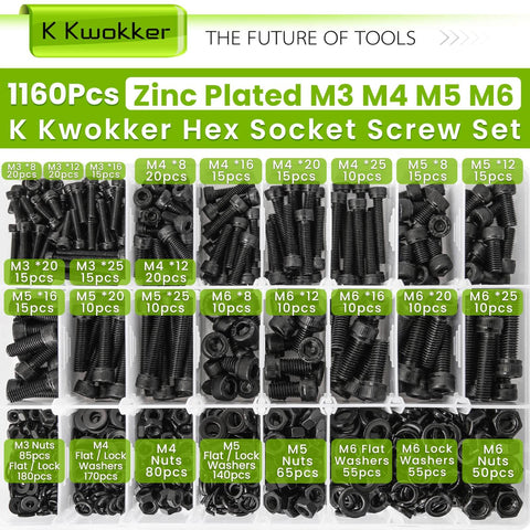 1160Pcs Metric Bolts And Nuts Kit With M3 M4 M5 M6 Hex Socket Head Cap Screws, 12.9 Alloy Steel, Zinc Plated, organized in box