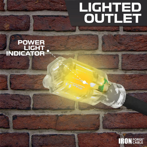 Beefy Heavy Duty Outdoor Extension Cord 100 Ft 12/3 Gauge SJTOW With lighted end against brick wall