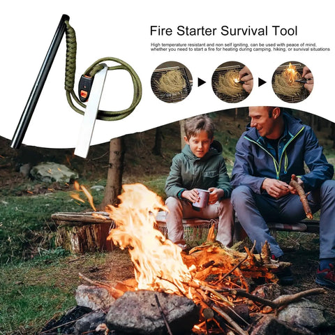 6 Inch Survival Fire Starter Ferro Rod with 3/8 Inch size shown next to campfire, ideal for outdoor camping and hiking
