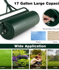 Heavy Duty Lawn Roller Drum For Push Or Tow Behind Tractor, Rust Resistant Powder Coated Metal Frame, Ideal For Garden Yard Park And Farm Maintenance, Sod Flattening And Lawn Leveling Green; shown with removable drain plug and application examples: water, sand, lawn, garden, farm, park.
