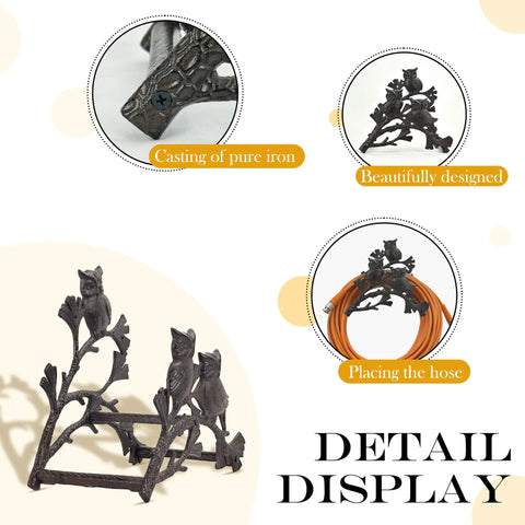 Detail of Owl Cast Iron Hose Holder For Wall Mount, highlighting three owl design, pure iron casting, and hose placement.