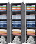 Big Time Heavy Duty Hanging Closet Rack With Five Roomy Compartments For Tees Jeans And Towels Dang Sturdy Beige Build 3 Pack neatly holding stacked towels and denim.