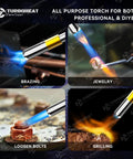 Heavy Duty Torch Kit With Auto Igniter in use for brazing, jewelry, loosening bolts, and grilling, showcasing versatility.