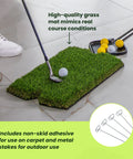 Ultimate Golf Chipping Net And Mat System with realistic turf and golf club next to color balls on tile floor