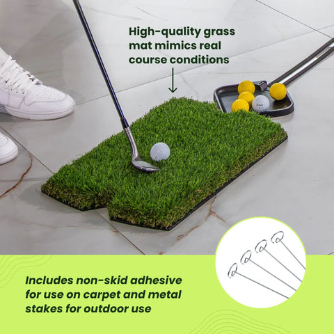 Ultimate Golf Chipping Net And Mat System with realistic turf and golf club next to color balls on tile floor