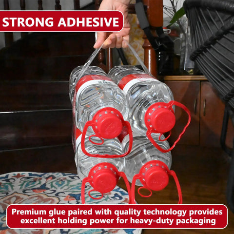 Person lifting heavy bottles using 2.7 Mil Thick Ultra Clear Packing Tape, showing strong adhesion for packages