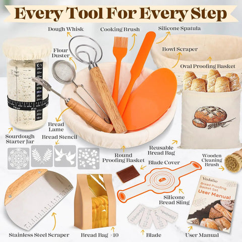 All-In-One Sourdough Starter Kit With Round And Oval Proofing Baskets Sourdough Jar Spatula Dough Whisk Bread Lame And Extra Blades Scrapers And Duster For The Ultimate Bake Gift For Bakers displayed with included tools.