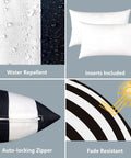 Outdoor Indoor Lumbar Pillows Pack Of 2 Cushions For Patio And Home Sofa Use Water Repellent Fluffy All Weather Cushions 12x20 Inch Cabana Black Chill Patio Vibe Cozy Backyard Decor showing water-repellent fabric, inserts, and fade-resistant material.