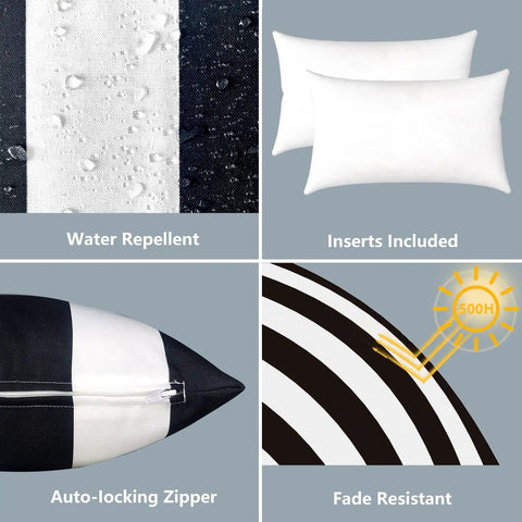 Outdoor Indoor Lumbar Pillows Pack Of 2 Cushions For Patio And Home Sofa Use Water Repellent Fluffy All Weather Cushions 12x20 Inch Cabana Black Chill Patio Vibe Cozy Backyard Decor showing water-repellent fabric, inserts, and fade-resistant material.