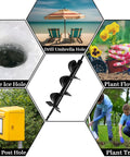 Upgraded 4x16 Garden Auger Drill Bit For Planting With Double Thickened Blades, Spiral Post Hole Digger For Three Eighths Inch Hex Drive Drill, depicted drilling various holes.