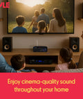 Family enjoying movie with Compact 200W Bluetooth Power Amplifier For A 2 Channel Home Stereo Setup With Karaoke Ready Dual Mic Input RCA USB A And SD Card MP3 Player FM Radio AUX In And Remote Control on entertainment unit