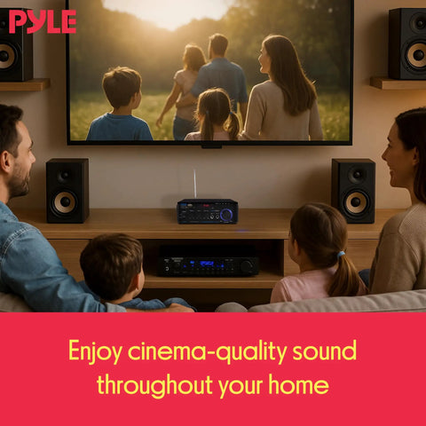 Family enjoying movie with Compact 200W Bluetooth Power Amplifier For A 2 Channel Home Stereo Setup With Karaoke Ready Dual Mic Input RCA USB A And SD Card MP3 Player FM Radio AUX In And Remote Control on entertainment unit