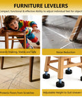 Image of 8 Adjustable Furniture Levelers With 3/8 16 Unc Threads For Tables Chairs Cabinets Shelves And Sofas Featuring Heavy Duty Nylon Floor Protectors on chairs and floors.