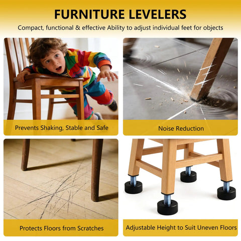 Image of 8 Adjustable Furniture Levelers With 3/8 16 Unc Threads For Tables Chairs Cabinets Shelves And Sofas Featuring Heavy Duty Nylon Floor Protectors on chairs and floors.