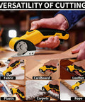 Heavy Duty Cordless Electric Box Cutter With Premium SK5 Blades Powers Through Cardboard Carpet And Fabric No Sweat Features LED Work Light and Secure Safety Lock Aluminum Body in use on various materials.